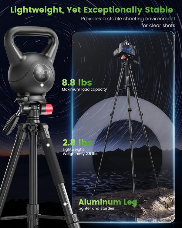 74"-Camera-Tripod, Porfessional Aluminum Heavy Duty Tripod Stand for Mirrorless Camera/DSLR/Cell Phone/Camcorder, with Holder and Travel Bag - Image 2