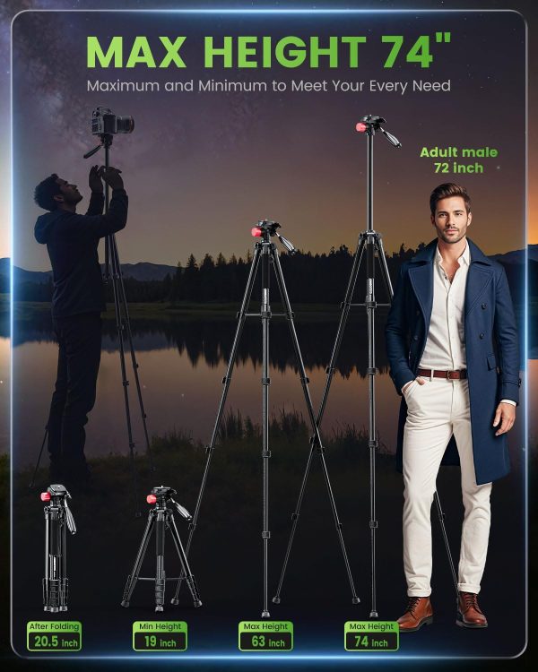 74"-Camera-Tripod, Porfessional Aluminum Heavy Duty Tripod Stand for Mirrorless Camera/DSLR/Cell Phone/Camcorder, with Holder and Travel Bag - Image 3