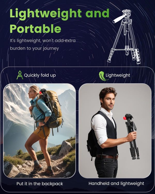 74"-Camera-Tripod, Porfessional Aluminum Heavy Duty Tripod Stand for Mirrorless Camera/DSLR/Cell Phone/Camcorder, with Holder and Travel Bag - Image 4