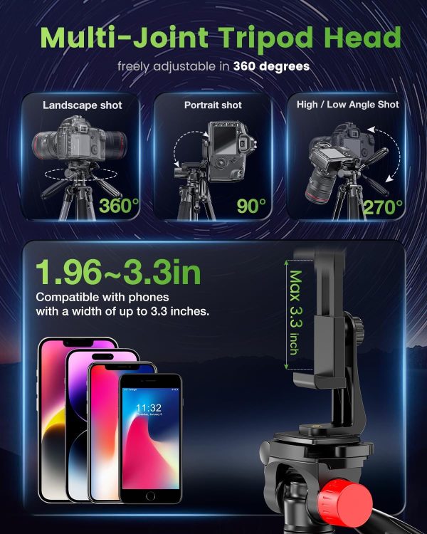 74"-Camera-Tripod, Porfessional Aluminum Heavy Duty Tripod Stand for Mirrorless Camera/DSLR/Cell Phone/Camcorder, with Holder and Travel Bag - Image 5