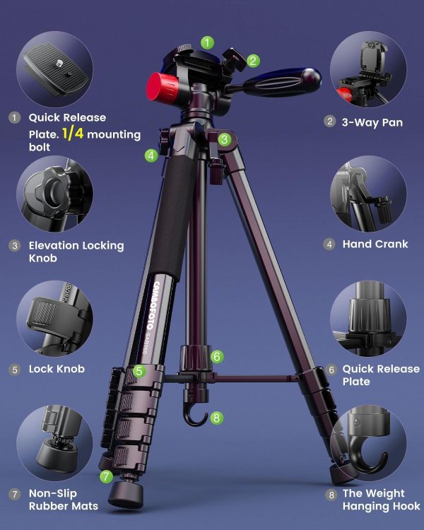 74"-Camera-Tripod, Porfessional Aluminum Heavy Duty Tripod Stand for Mirrorless Camera/DSLR/Cell Phone/Camcorder, with Holder and Travel Bag - Image 6